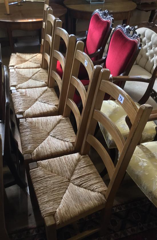 6 light oak rush seat chairs(-)